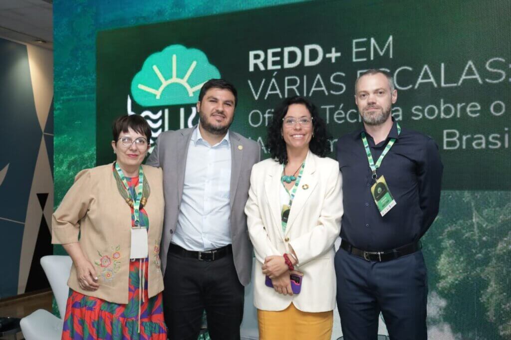 Presidente do IMC, acompanhado da superintendente de gestão e políticas ambientais do Tocantins, Marli Santos, da líder global para Mercado de Carbono no PNUD, Letícia Guimarães e Antonio Sanches, do MMA. Foto: Edgar Marra